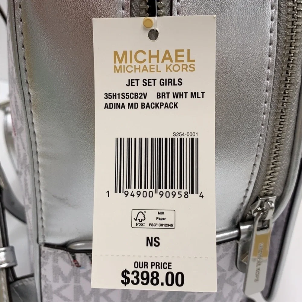 Michael Kors Jet Set Girls Adina Medium Backpack MK Bright White Silver Multi